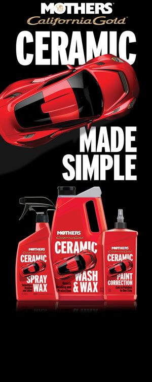 Mothers California Gold ceramic car care products with a red car on a black background.